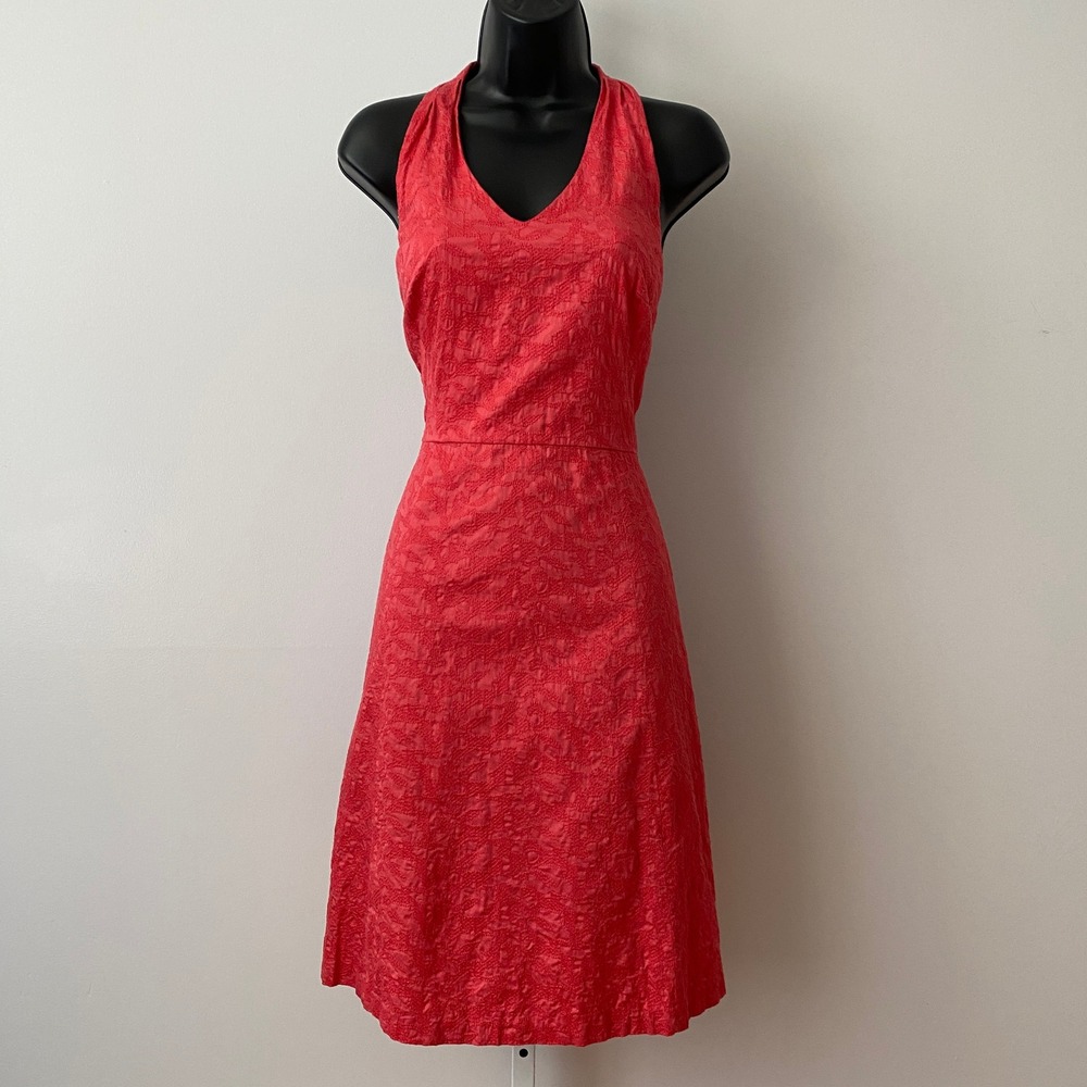 Ann Taylor 2 Coral Pink Halter Dress Textured Cotton Fit and Flare Retro Summer